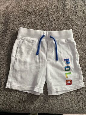Polo by Ralph Lauren White Kids Shorts with Blue Drawstring and Multicolor Logo